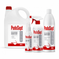 Spirtu saturošs dezinficējošs līdzeklis ar hloreksidīnu efektīvai pēdu un apavu dezinfekcijai “PodoSept”