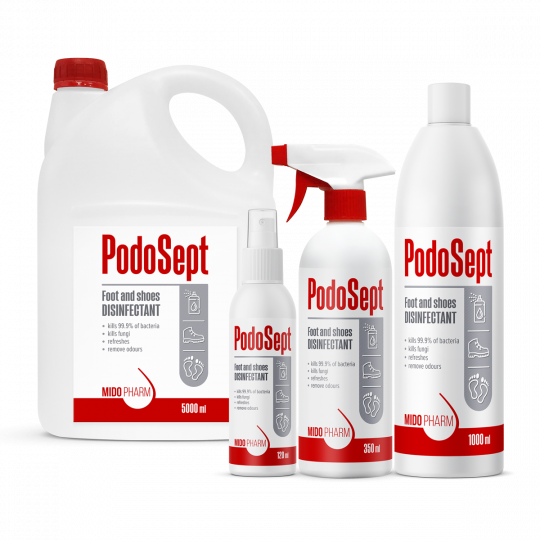 Дезинфицирующее  средство на основе спирта и хлоргексидина для эффективной дезинфекции ступней ног и обуви “PodoSept”