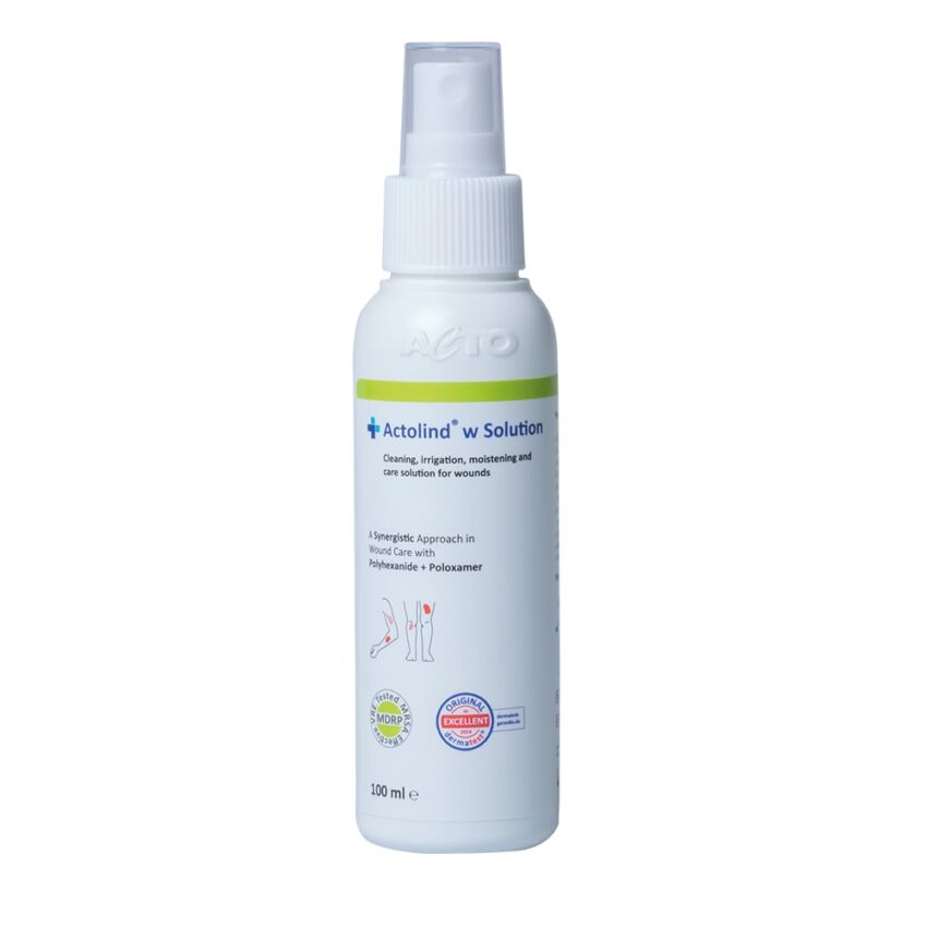 Actolind-w-Solution-EN-100ml (002) ACTOLIND® W šķīdums brūču tīrīšanai, mitrināšanai un dekontaminācijai, pudele ar izsmidzinātāju 100 ml